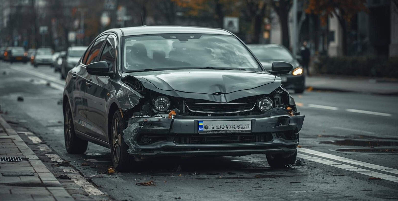 Auto mit Frontschaden auf Stadtstraße
