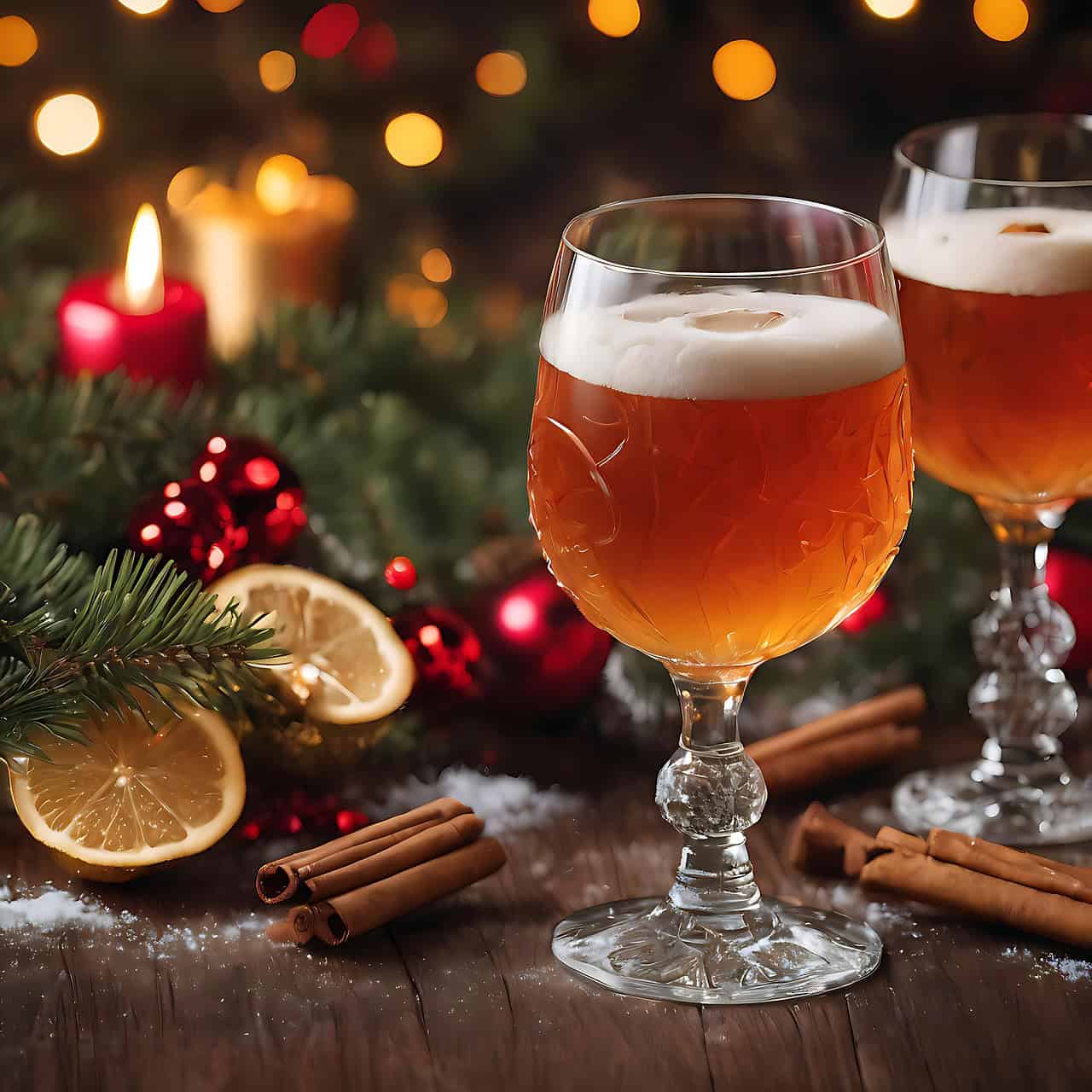 Weihnachtsgetränk mit Kerzen und Gewürzen