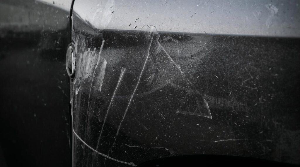 Vandalismus: Zerkratzter Autolack in Nahaufnahme