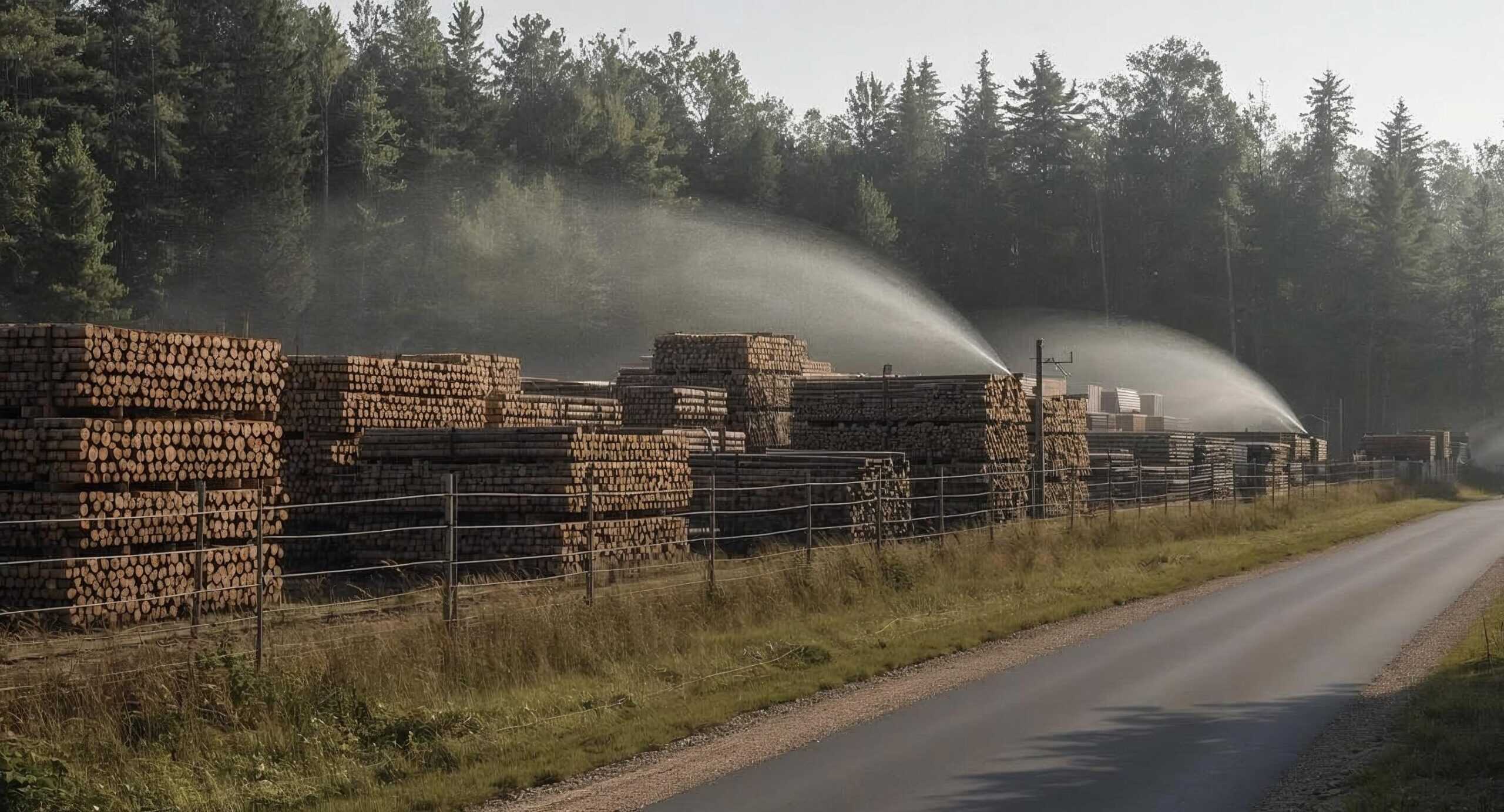 Holzstapel im Wald mit Bewässerungssystem