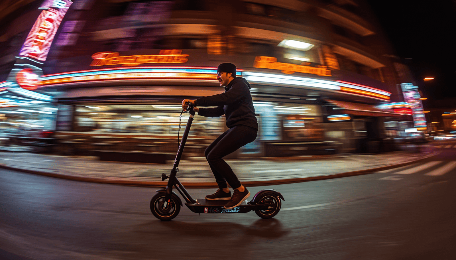 Person auf E-Scooter bei Nacht unterwegs
