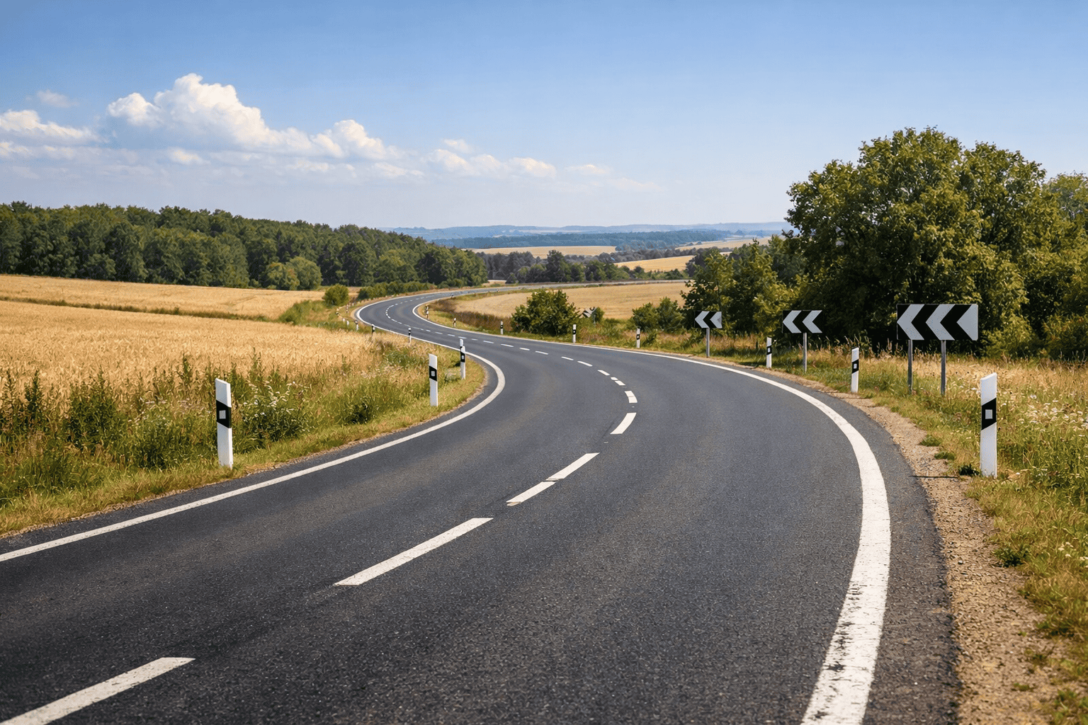 Geschwungene Landstraße durch Felder und Bäume