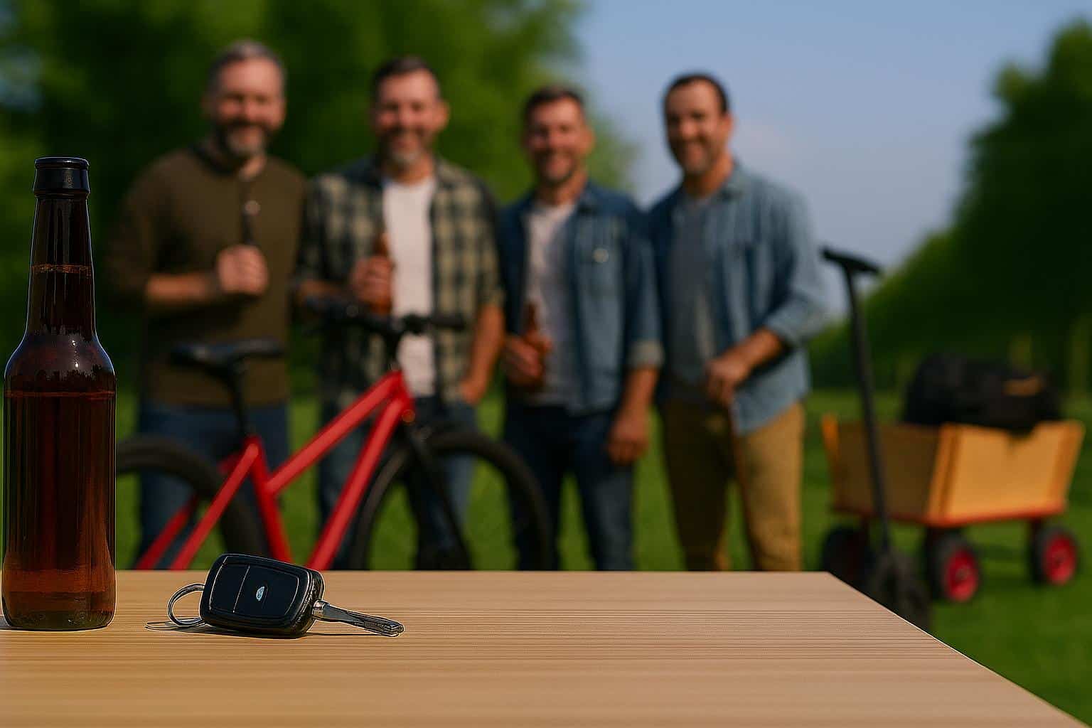 Bierflasche und Autoschlüssel auf Holztisch im Park