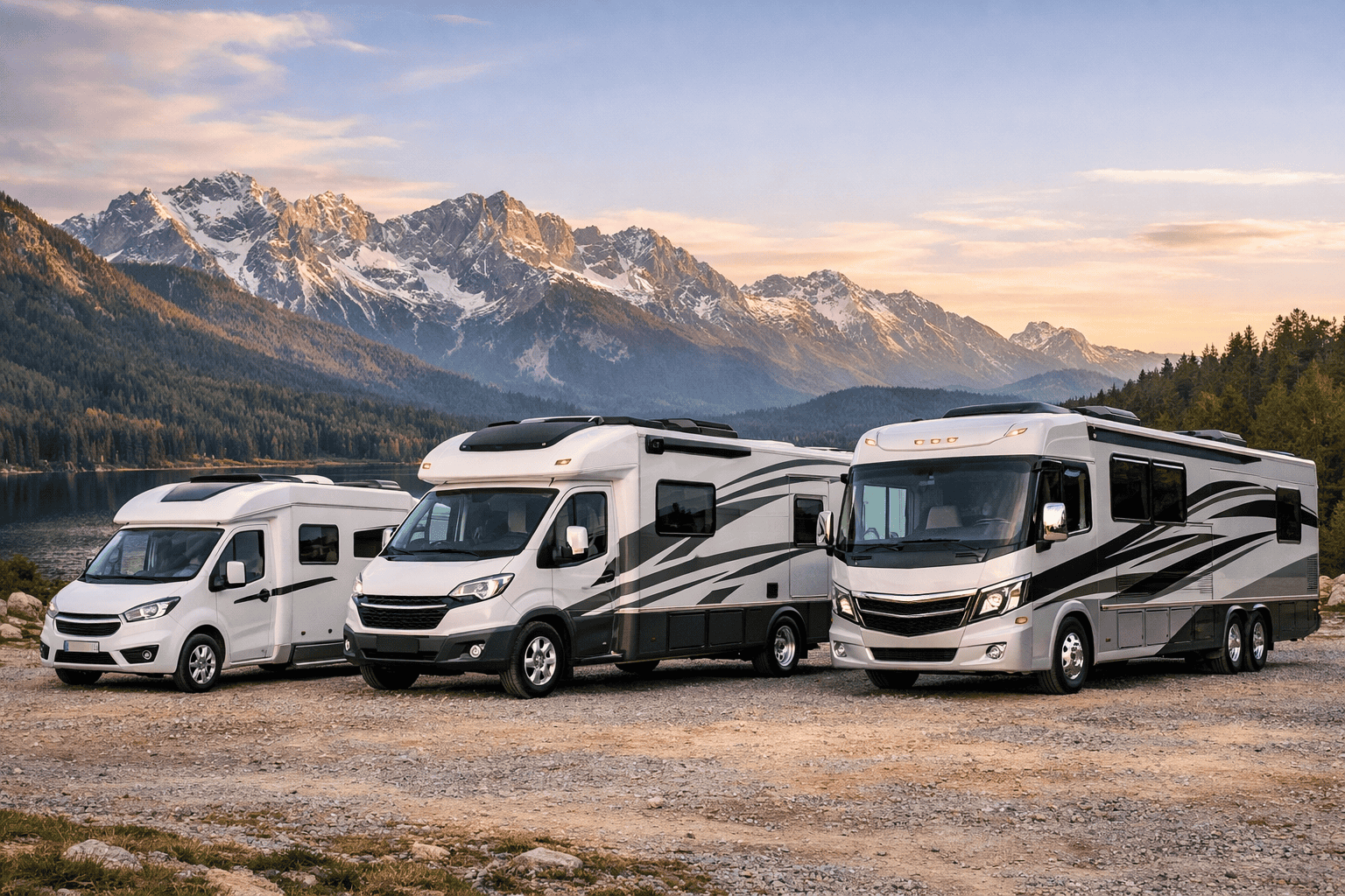 Drei Wohnmobile vor Bergsee mit Alpenpanorama