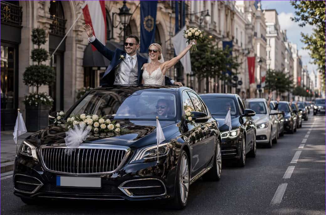 Brautpaar im Hochzeitsauto winkt in Stadtstraße