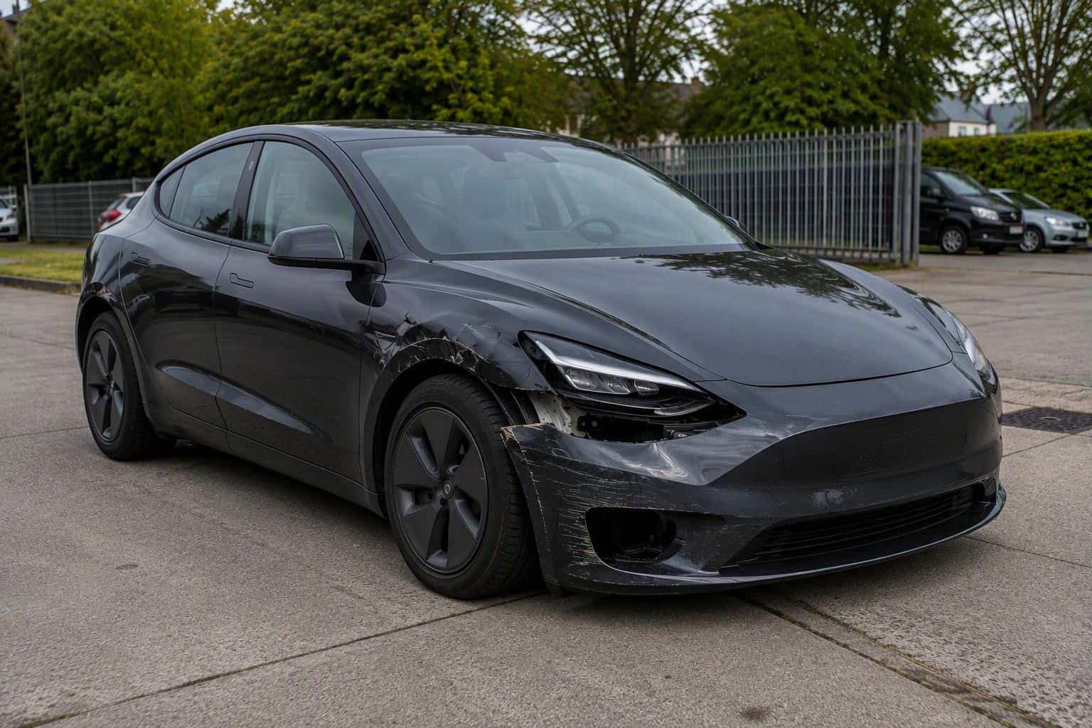 Beschädigtes graues Elektroauto mit Frontschaden