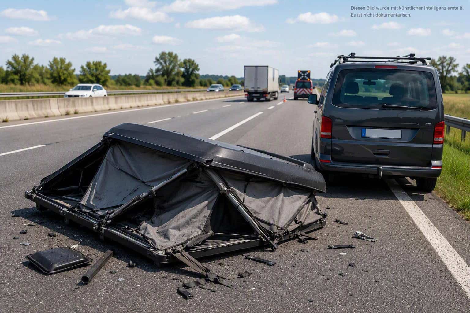 Heruntergefallenes Dachzelt auf der Fahrbahn.