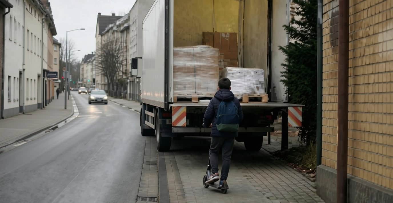 Kind mit Roller neben parkendem Lieferwagen